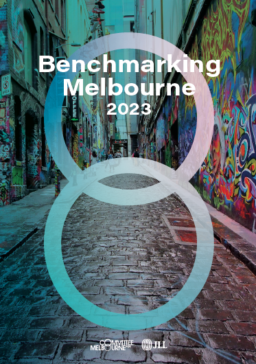 Laneway in Melbourne with the text Benchmarking Melbourne 2023
