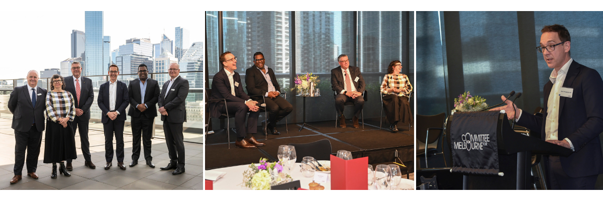 Three images of speakers and panellists from Meet the Minister Steve Dimopoulos MP event