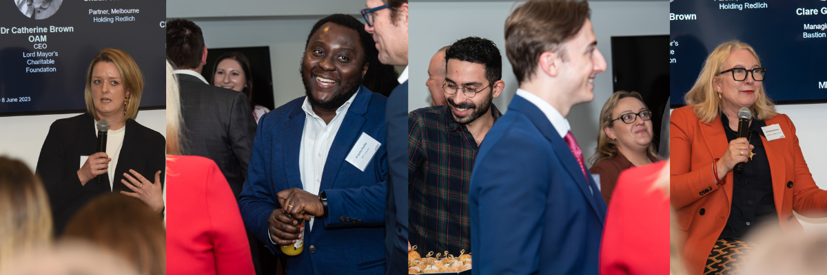 Four images showing people talking and smiling at Committee for Melbourne's the 'S' in ESG event