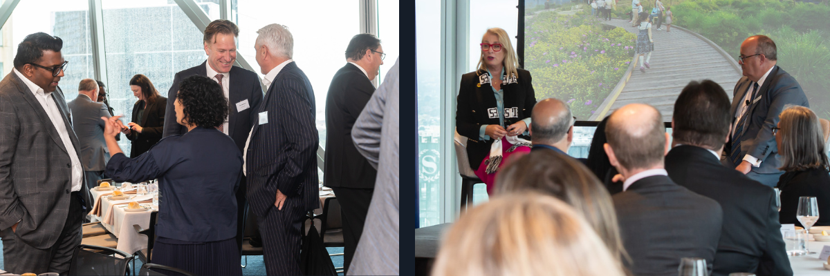 Two images side-by-side showing people standing chatting at a business event and Sally Capp AO and Mark Melvin sat on stage at the event with people listening