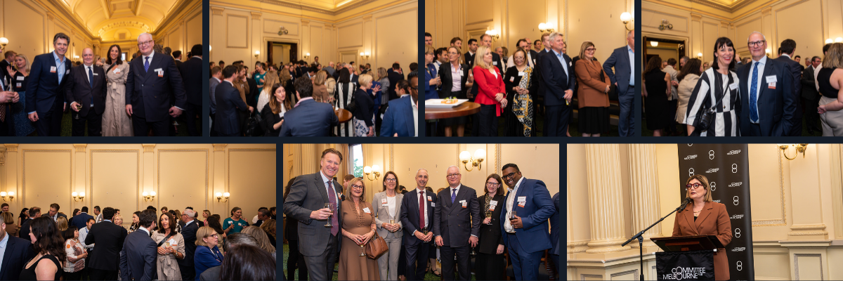 A collage of images from Committee for Melbourne's Parliamentary Drinks 2023 with people chatting, listening to speakers and networking.
