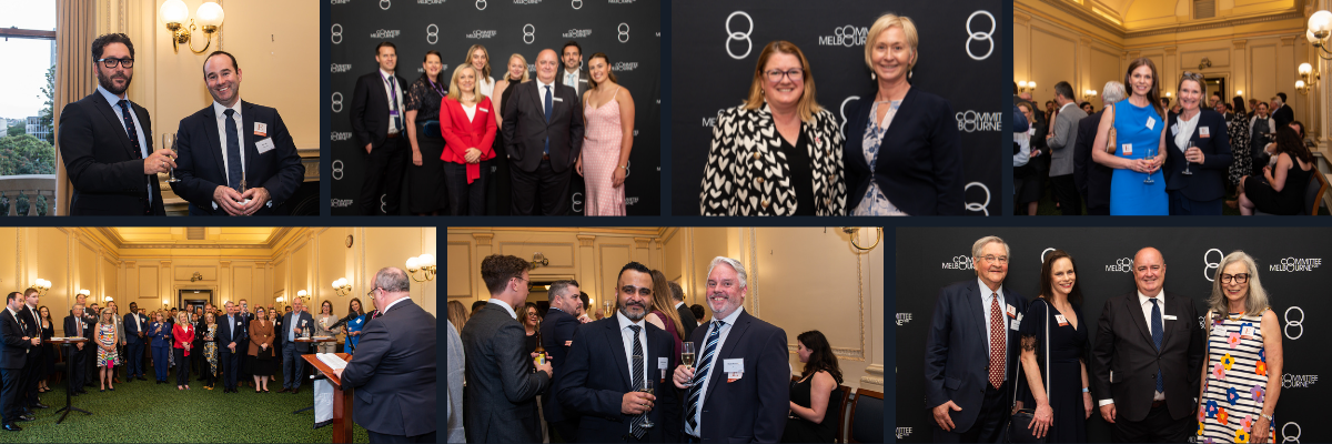 Collage of images from Committee for Melbourne's Parliamentary Drinks 2023, with people networking, listening to speeches and standing in front of the Committee's media banner